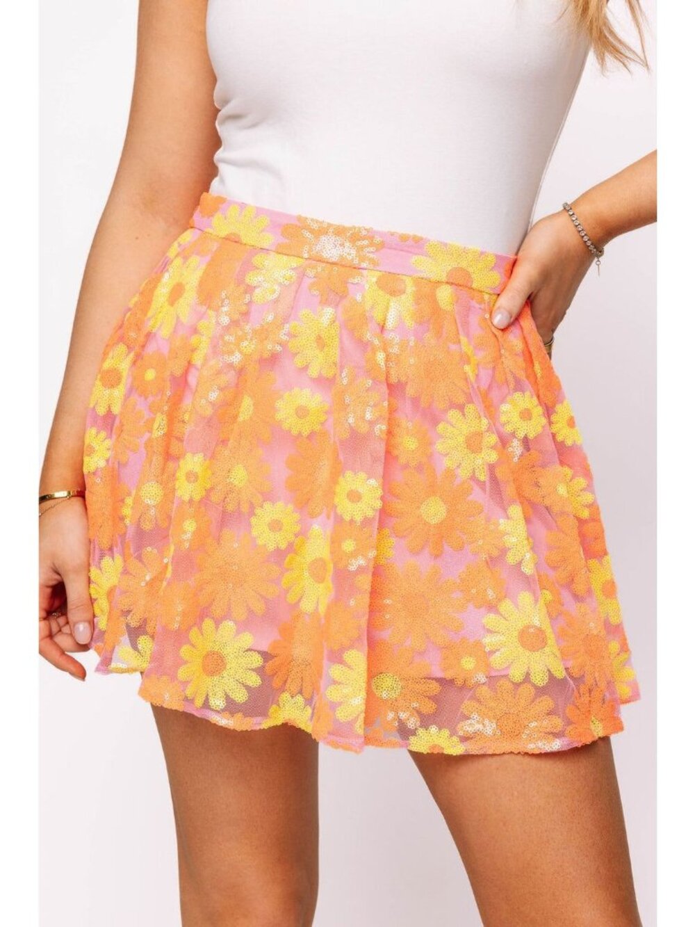 Queen of Sparkles women's small daisy skirt neon sequin floral mini flowy skirt